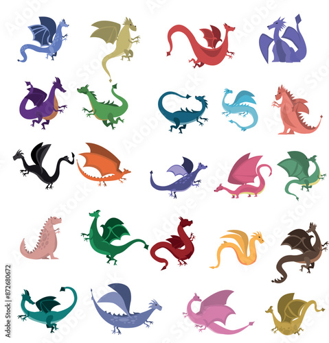 Dragon vector illustration set. Cartoon colorful fairytale mythical dragon collection.