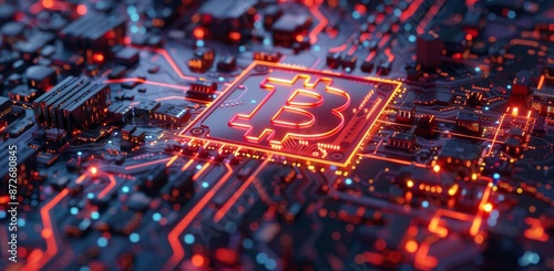 Closeup of a Bitcoin Symbol Illuminated on a Circuit Board