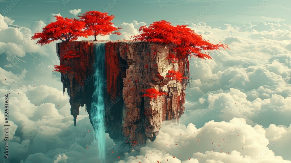 Fototapeta  A jade star floating in the sky, with an enchanted river on it and clouds below, The flying platform of the flowing water floats under the big planet,