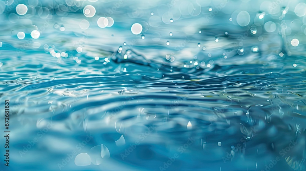 Blue water with ripples on the surface. Defocus blurred transparent blue colored clear calm water surface texture with splashes and bubbles Blue water with ripples on the surface. Defocus blurred transparent blue colored clear calm water surface texture with splashes and bubbles