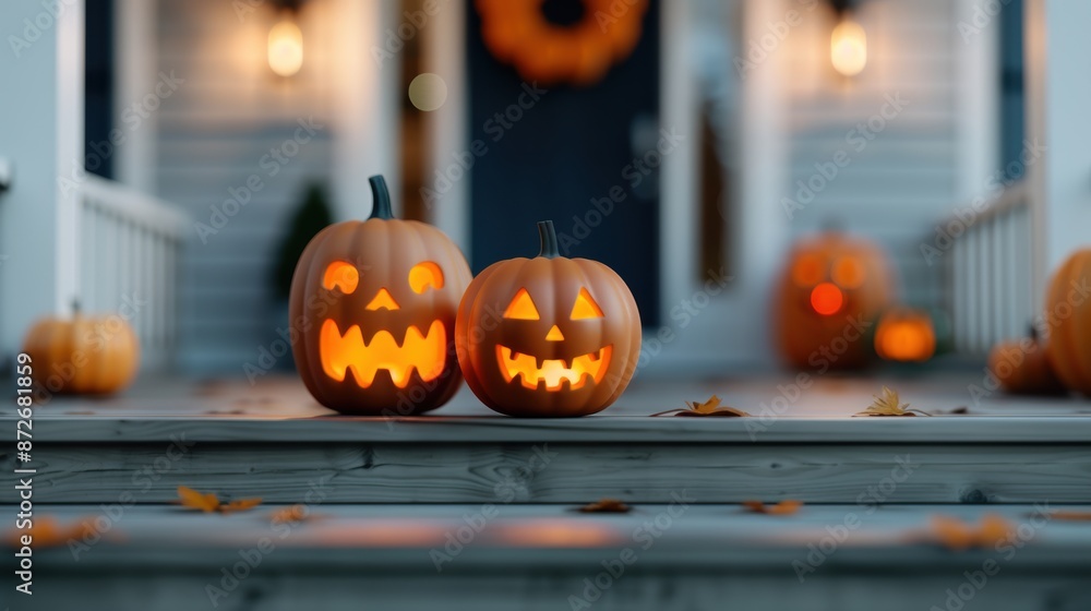 Fototapeta premium A trio of glowing jack-o'-lanterns placed on a porch, their faces lit up against the night. The pumpkins and jack-o'-lanterns bring a festive Halloween feel to the scene.