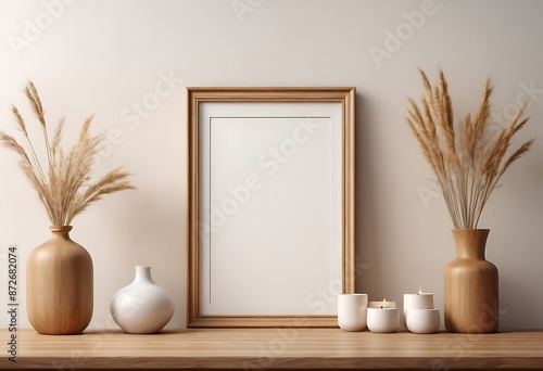 Mock up frame in home interior background, white room with natural wooden table and decor, 3d render