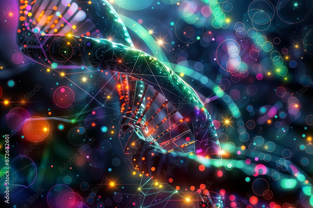 Illuminated DNA Strand. Glowing DNA double helix with colorful bokeh and network connections in a dark, starry background. Illuminated DNA Strand. Glowing DNA double helix with colorful bokeh and network connections in a dark, starry background.