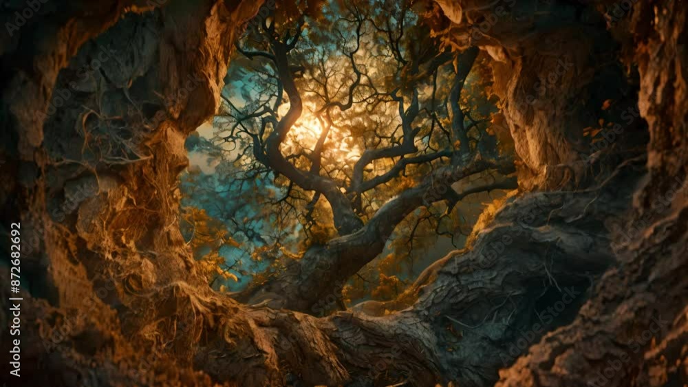 Surreal trees intertwine glowing with azure leaves Surreal trees intertwine glowing with azure leaves