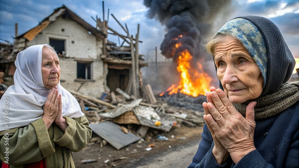 War in Ukraine. Grandmother prays for an end to the war. Ukrainian refugees. A woman in front of a house destroyed by a rocket. Consequences of the war in Ukraine. Ukrainian woman prays for peace. War in Ukraine. Grandmother prays for an end to the war. Ukrainian refugees. A woman in front of a house destroyed by a rocket. Consequences of the war in Ukraine. Ukrainian woman prays for peace.