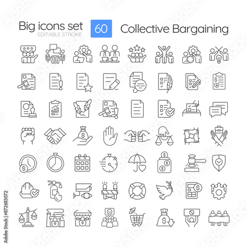Collective bargaining linear icons set. Labor organization, protest picket. Contract documentation, profit. Customizable thin line symbols. Isolated vector outline illustrations. Editable stroke