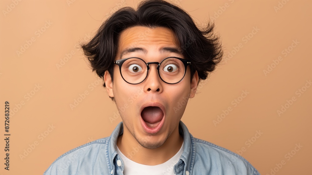 A man with glasses is making a surprised face. Concept of surprise and astonishment A man with glasses is making a surprised face. Concept of surprise and astonishment