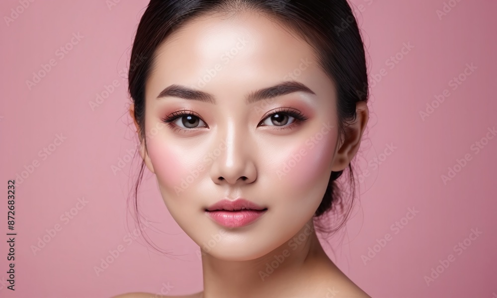 Studio shot of Beautiful young Asian woman with clean fresh skin on pink background Studio shot of Beautiful young Asian woman with clean fresh skin on pink background