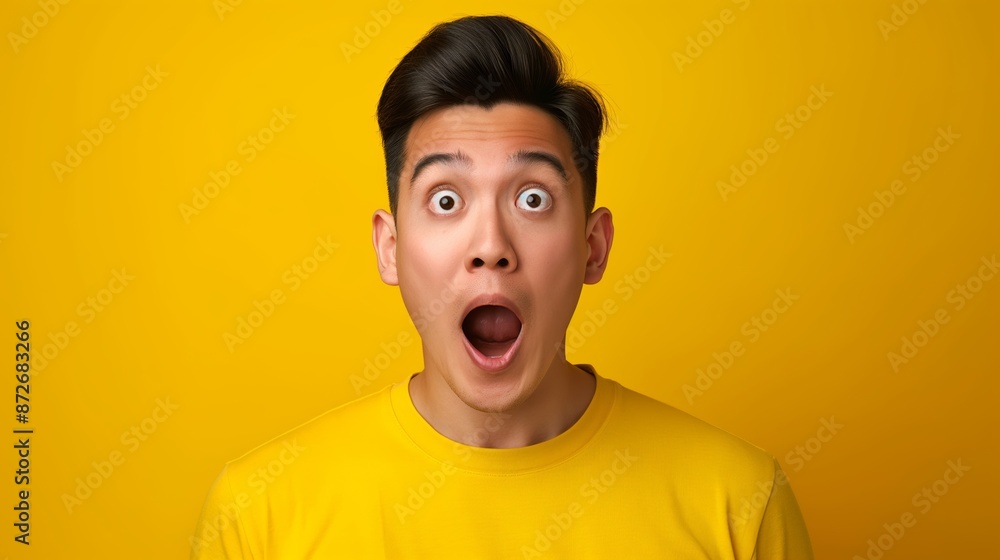 A man with a surprised expression on his face is wearing a yellow shirt. The yellow background adds a pop of color to the image A man with a surprised expression on his face is wearing a yellow shirt. The yellow background adds a pop of color to the image