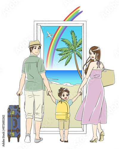 扉を開けて旅行に行く家族