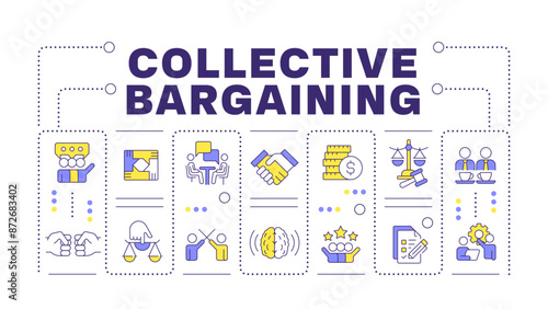 Collective bargaining word concept isolated on white. Employee association, income regulation. Creative illustration banner surrounded by editable line colorful icons. Hubot Sans font used
