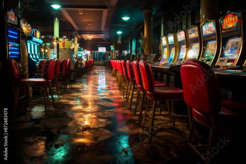 Colorful interior of a bustling casino featuring various gambling tables and exciting slot machines