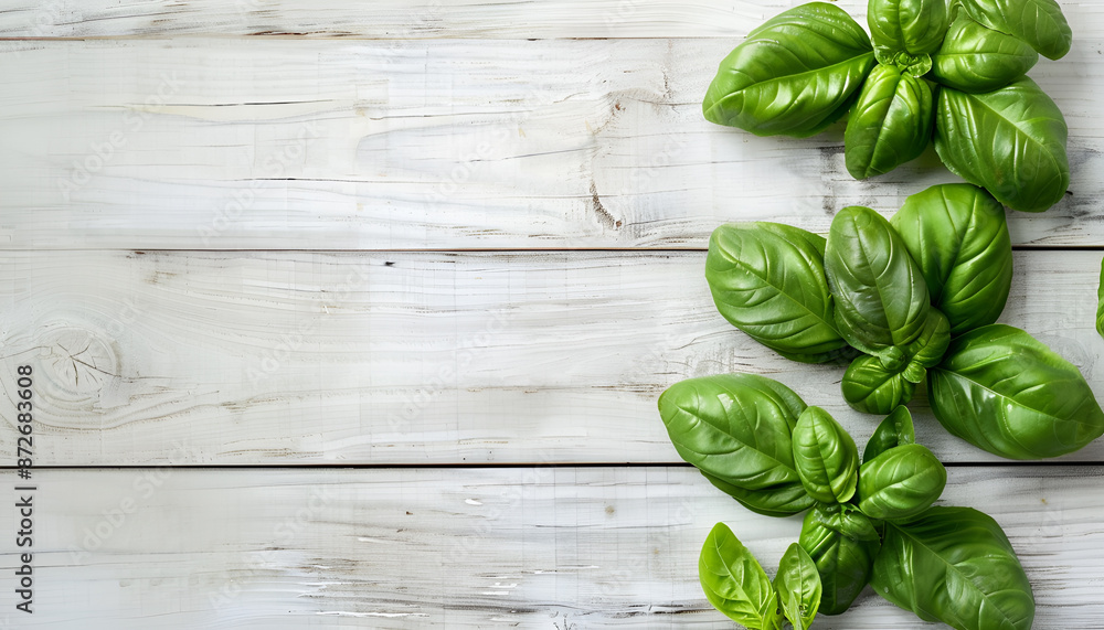 Fototapeta premium Green fresh basil on wooden background