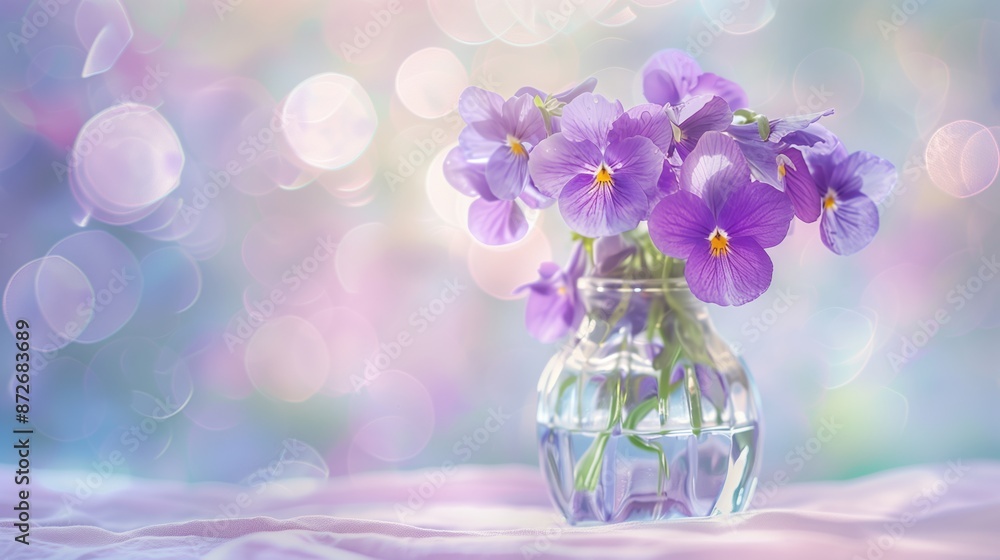 Small glass vase of delicate violets on a table with a blurred background in light pink and purple tones depicting spring Small glass vase of delicate violets on a table with a blurred background in light pink and purple tones depicting spring