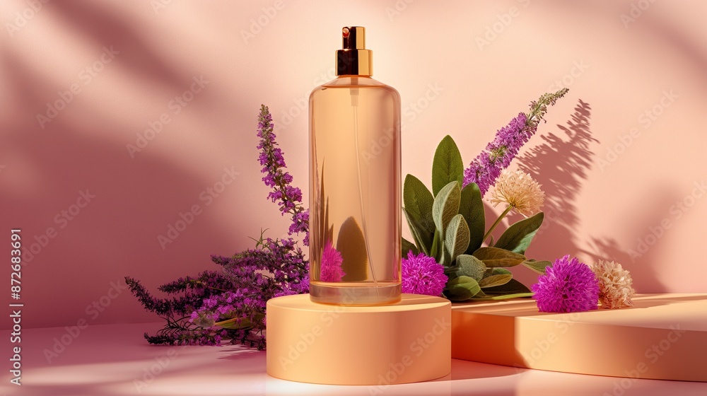 A bottle of perfume is displayed on a pedestal next to a bunch of purple flowers. The bottle is made of glass and has a gold cap. The flowers are purple. bottle of liquid soap on a podium A bottle of perfume is displayed on a pedestal next to a bunch of purple flowers. The bottle is made of glass and has a gold cap. The flowers are purple. bottle of liquid soap on a podium