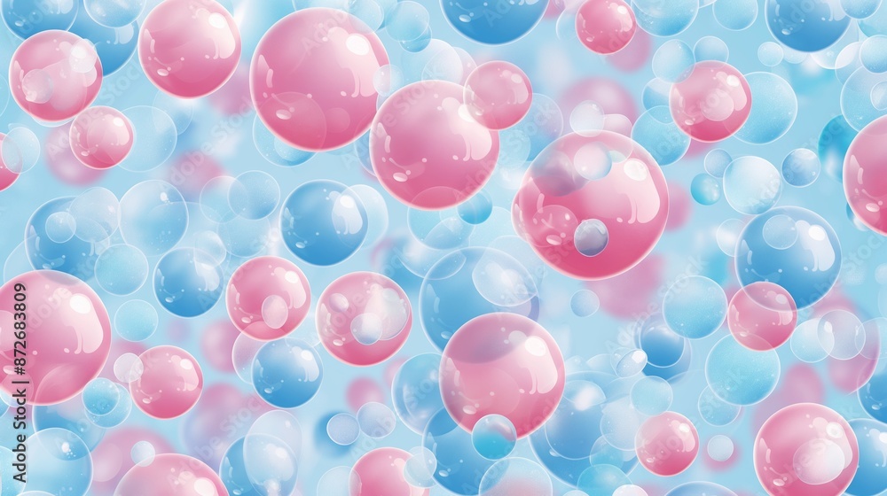 Bright and colorful background filled with pink and blue bubbles of various sizes floating against a light blue backdrop Bright and colorful background filled with pink and blue bubbles of various sizes floating against a light blue backdrop