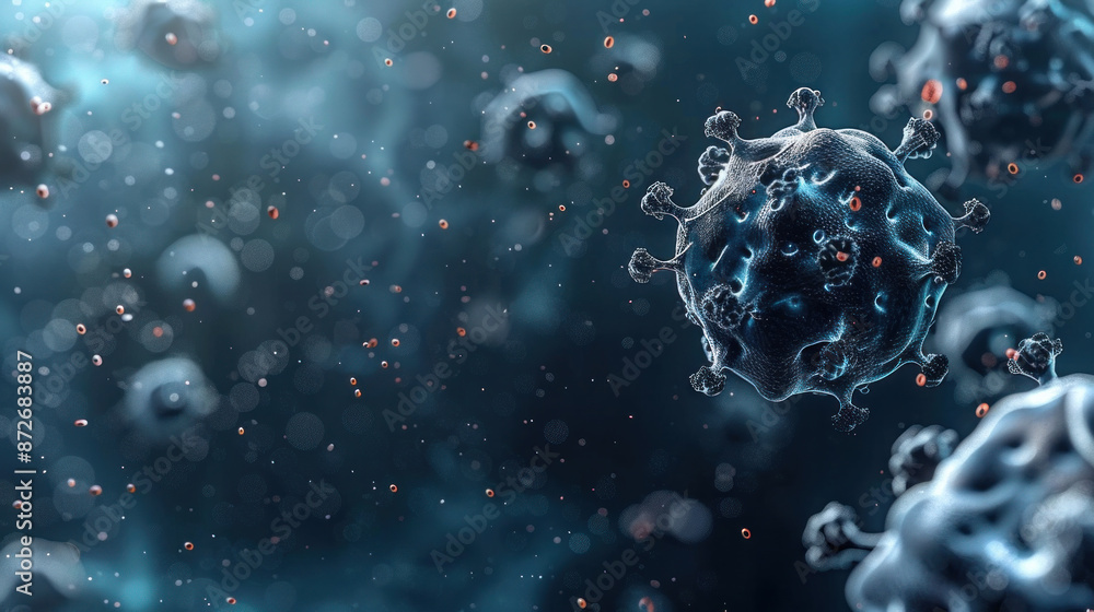 A close up of a virus with a blue background. The virus is surrounded by a lot of small particles, giving the impression of a chaotic and dangerous environment A close up of a virus with a blue background. The virus is surrounded by a lot of small particles, giving the impression of a chaotic and dangerous environment