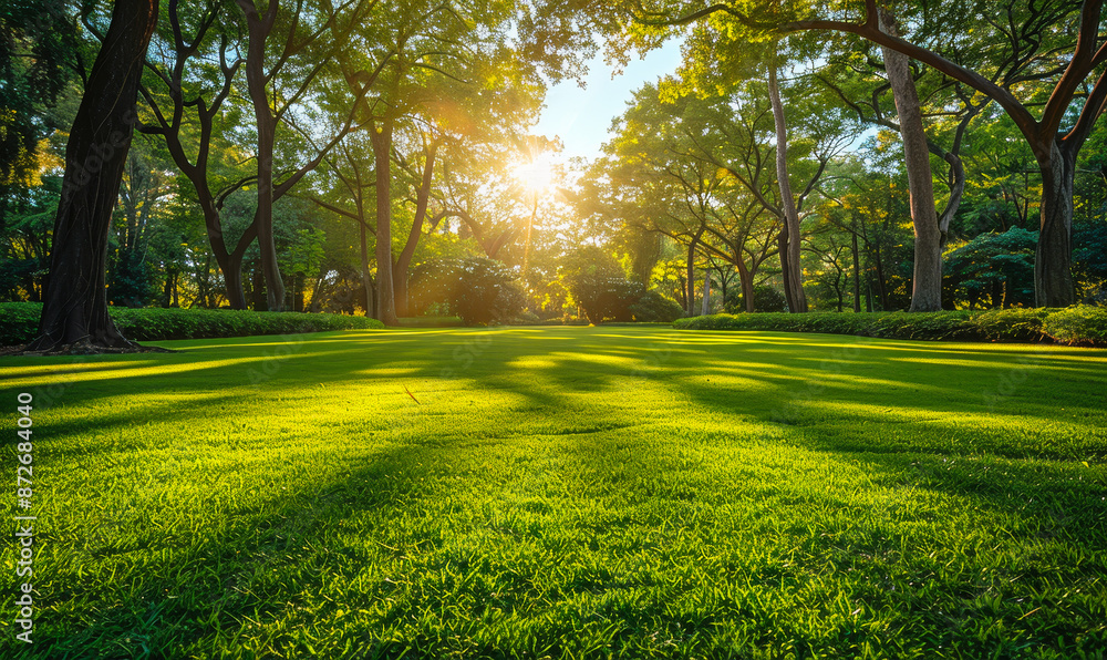 Sunlit Summer Forest Lawn with Vibrant Green Grass and Tall Trees Creating a Serene Nature Scene at Sunset Sunlit Summer Forest Lawn with Vibrant Green Grass and Tall Trees Creating a Serene Nature Scene at Sunset
