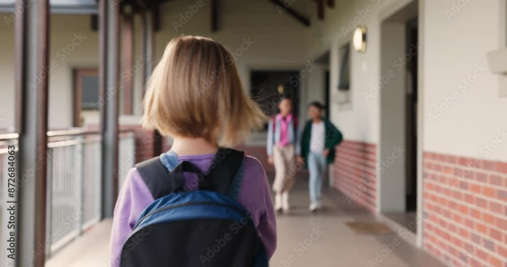 Young girl, student and walking with backpack for education or learning journey in school building. Back of child, kid or elementary learner with bag to classroom for knowledge or future on campus Young girl, student and walking with backpack for education or learning journey in school building. Back of child, kid or elementary learner with bag to classroom for knowledge or future on campus