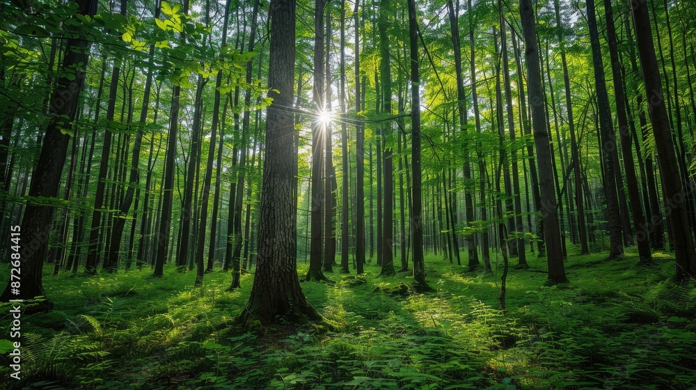 Towering trees in lush woodland Towering trees in lush woodland