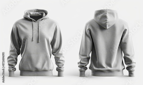 Stylish Blank Grey Hoodie Sweater Front and Back Views on White Background for Apparel Design Mockups and Clothing Brand Presentation