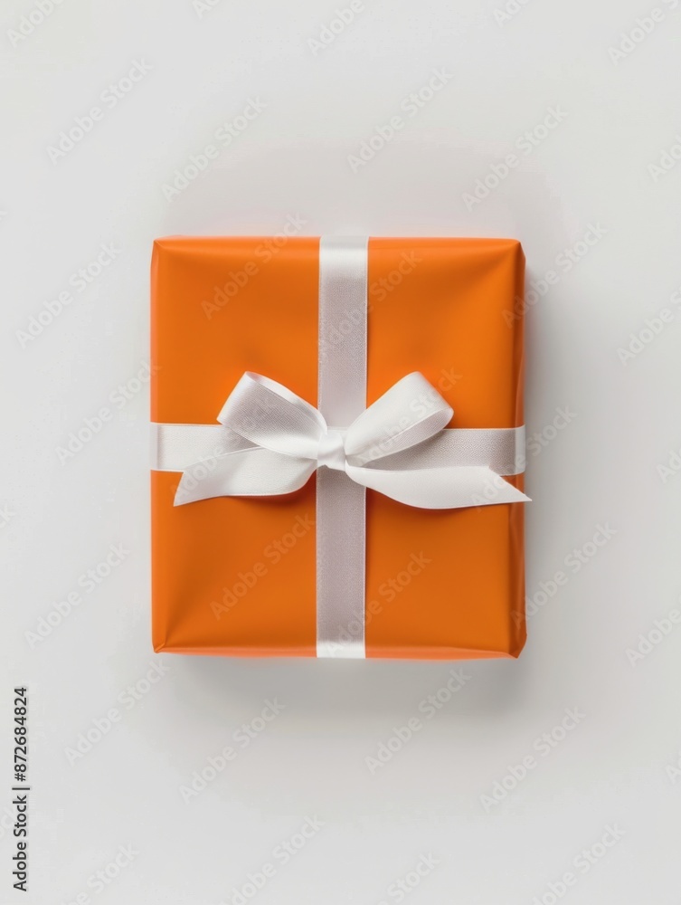 A orange gift box with white ribbon and bow, placed on a white background, creates an elegant and luxurious atmosphere. Present for a holiday, birthday or Christmas. A orange gift box with white ribbon and bow, placed on a white background, creates an elegant and luxurious atmosphere. Present for a holiday, birthday or Christmas.
