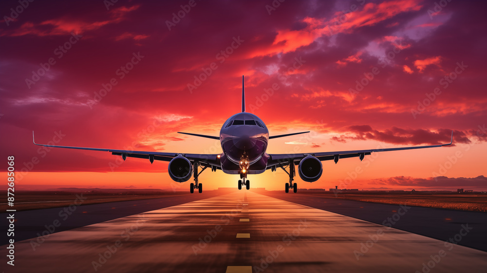 plane landing on airport runway at sunset plane landing on airport runway at sunset