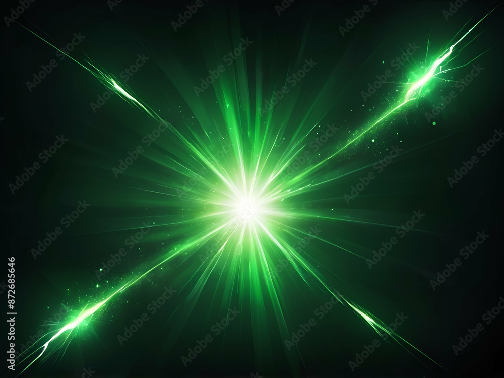 Fototapeta premium abstract Green light flare effect, bright glow of burst with beams, sparkles, lightning background with effect of light flash