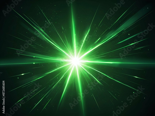 abstract Green light flare effect, bright glow of burst with beams, sparkles, lightnings and bokeh © rutchakon