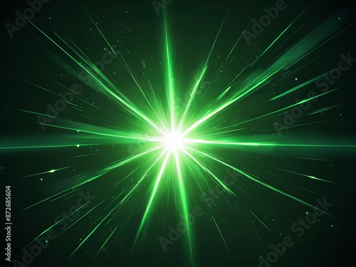 abstract Green light flare effect, bright glow of burst with beams, sparkles, lightnings and bokeh