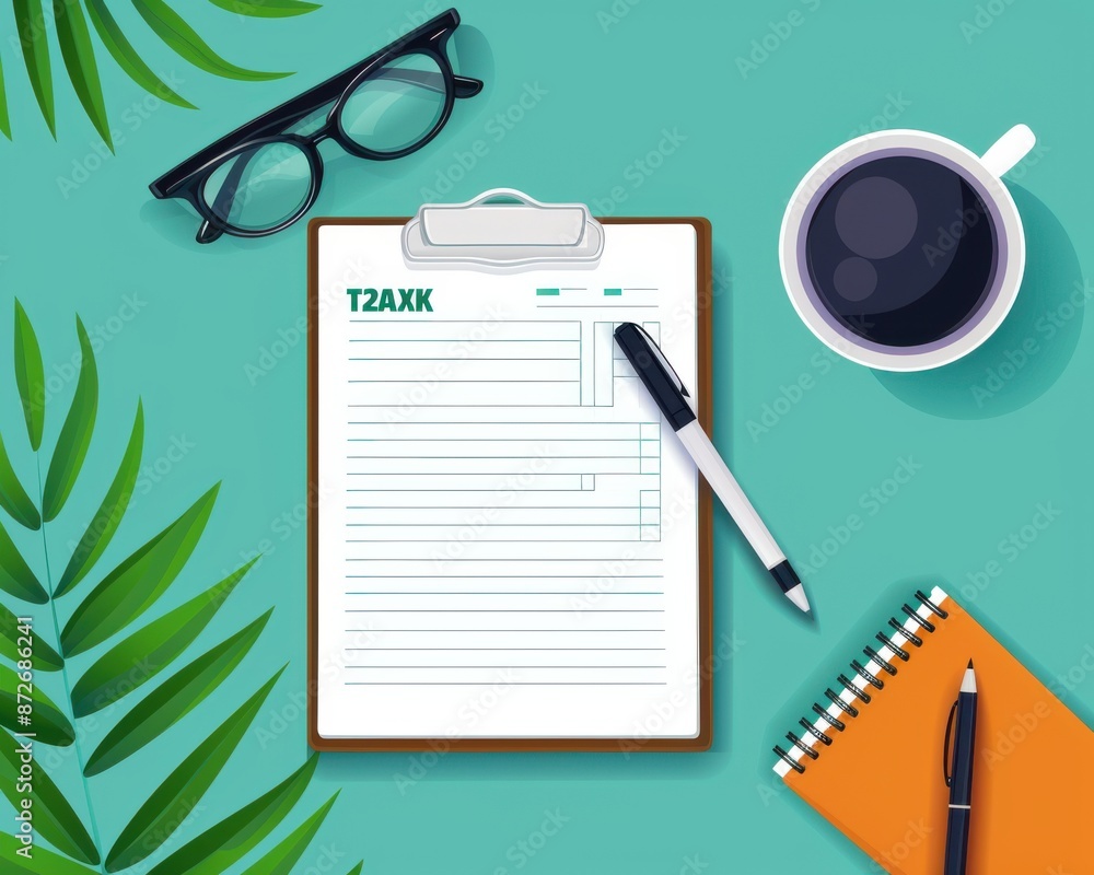 Office desk with a clipboard, pen, glasses, coffee, and notebook on a turquoise background with greenery, creating a fresh workspace vibe. Office desk with a clipboard, pen, glasses, coffee, and notebook on a turquoise background with greenery, creating a fresh workspace vibe.