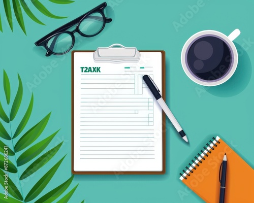 Office desk with a clipboard, pen, glasses, coffee, and notebook on a turquoise background with greenery, creating a fresh workspace vibe.