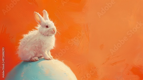 A fawncolored rabbit with whiskers is perched on an electric blue Easter egg. Its peach fur contrasts beautifully with the egg, creating a stunning art display at the event photo