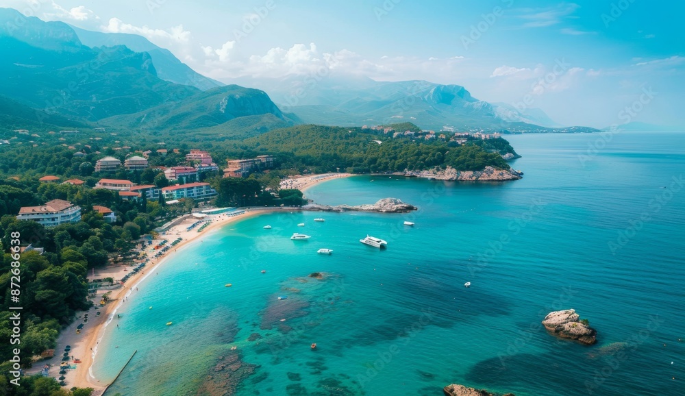 Naklejka premium Stunning aerial shot of a beautiful European village, in a small island, scenic landscape view, sunny day, wide-angle lens