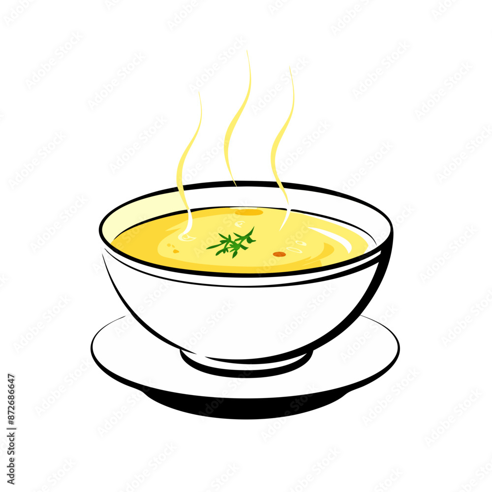A white bowl containing a light-colored soup or broth, ideal for menus, cookery and food related projects A white bowl containing a light-colored soup or broth, ideal for menus, cookery and food related projects