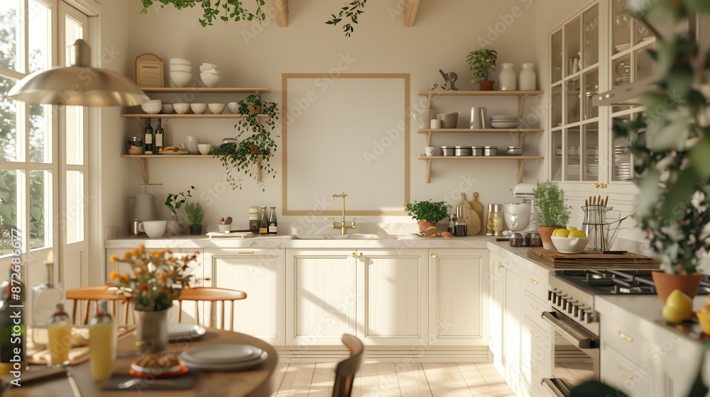 frame mockup, Bright and cozy modern kitchen with natural light, open shelves, and plants, creating an inviting and functional cooking space. frame mockup, Bright and cozy modern kitchen with natural light, open shelves, and plants, creating an inviting and functional cooking space.