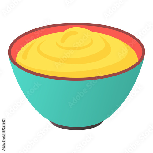 vector bowl of custard smooth, creamy texture, rich yellow color, teal bowl with red rim