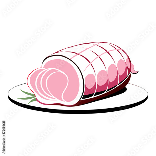 vector illustration of gammon joint, pink and white, scoring marks, on plate with garnish