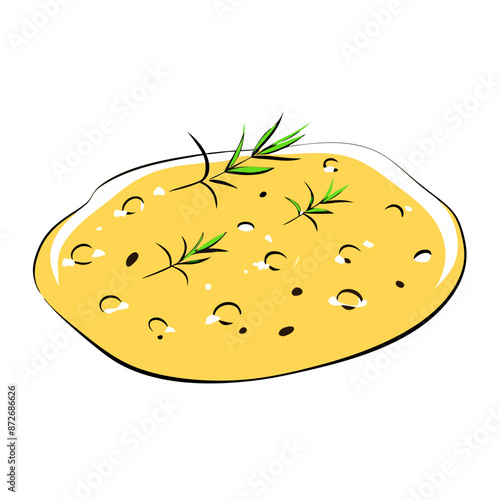 vector of golden-brown focaccia bread with sprigs of rosemary, transparent background