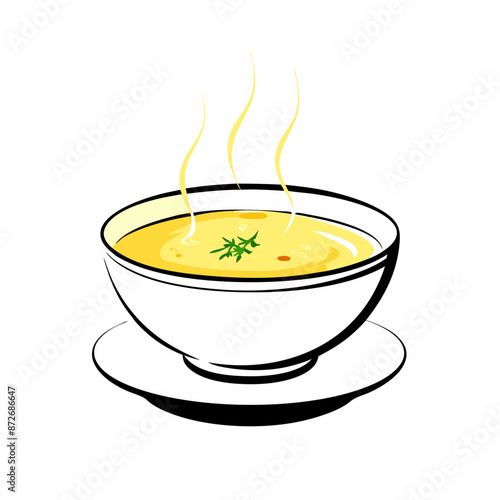 A white bowl containing a light-colored soup or broth,  ideal for menus, cookery and food related projects 