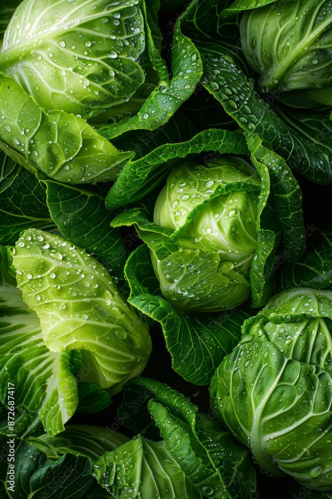 Fototapeta premium Experience the vibrant beauty of fresh Chinese cabbage, garnished with sparkling water drops, highlighting its crisp texture and natural freshness.