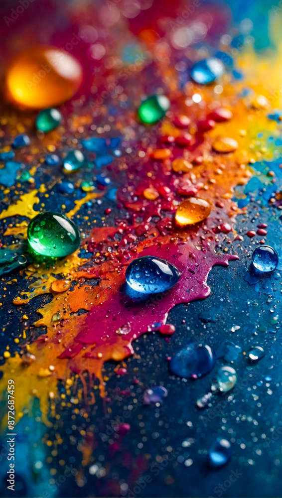 Closeup photo of colorful water droplets on a surface, presenting an abstract artistic representation highlighting texture and reflections Closeup photo of colorful water droplets on a surface, presenting an abstract artistic representation highlighting texture and reflections