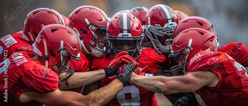 Teenage boy high school football team connecting hands in huddle