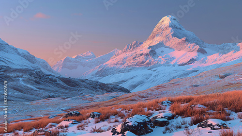 A majestic mountain peak towering above the clouds, bathed in golden sunlight with a soft mist rising from its base photo