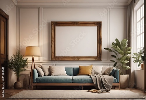 Frame mockup, ISO A paper size. Living room poster mockup. Interior mockup with house white background. Modern interior design. 3D render