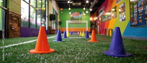 A mini indoor soccer field marked with cones and goals, encouraging friendly matches and soccer skills practice in a safe and controlled environment 