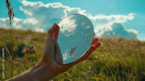 Woman Hand touching sky reflection in round mirror on summer fieldand green grass,nature concept,copy space. photo