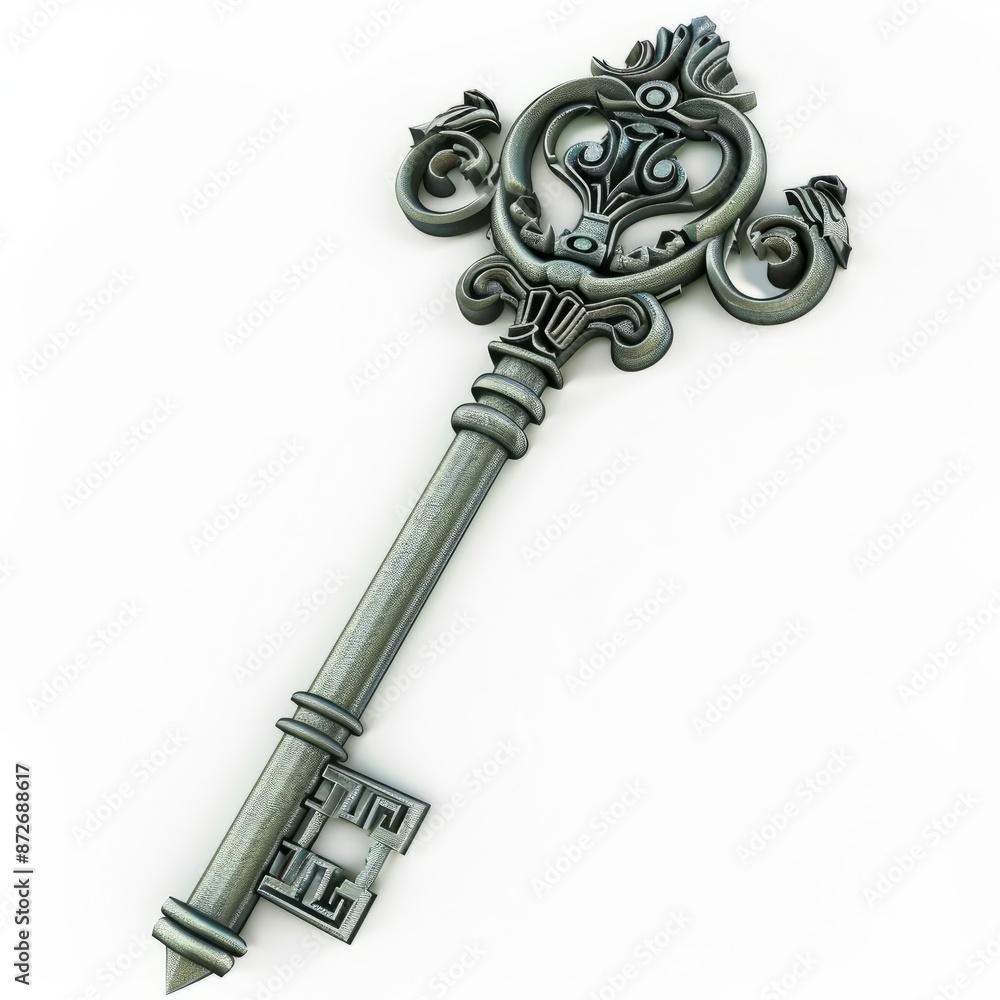 3D Render of a fairy tale-like key with intricate designs, on isolated white background, Generative AI 3D Render of a fairy tale-like key with intricate designs, on isolated white background, Generative AI