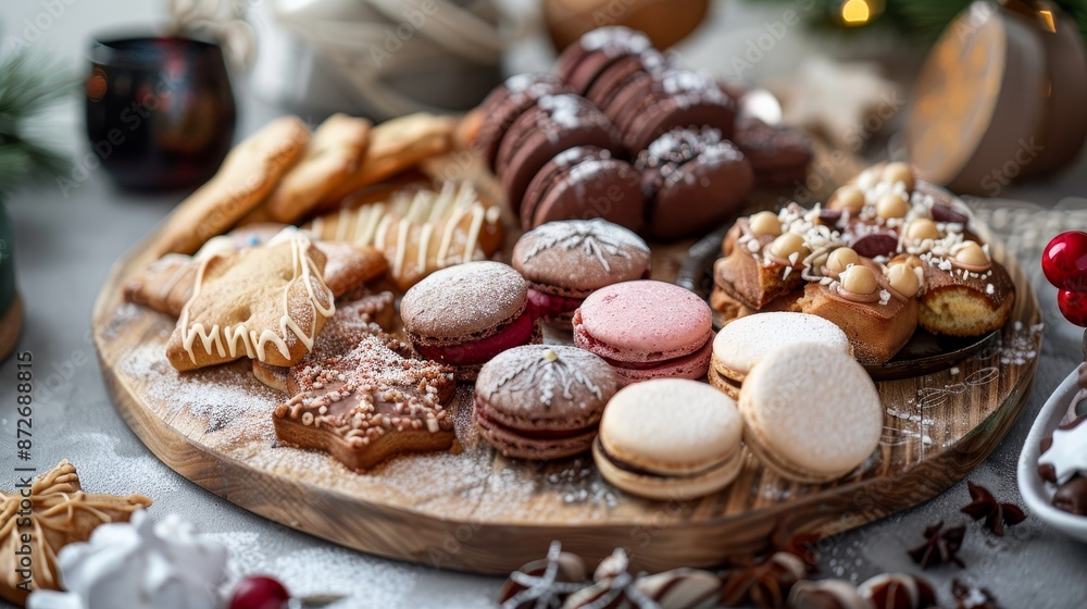 Christmas snack platter featuring a variety of traditional European treats such as German Lebkuchen, French macarons, and Italian Panettone arranged elegantly on a wooden board Christmas snack platter featuring a variety of traditional European treats such as German Lebkuchen, French macarons, and Italian Panettone arranged elegantly on a wooden board