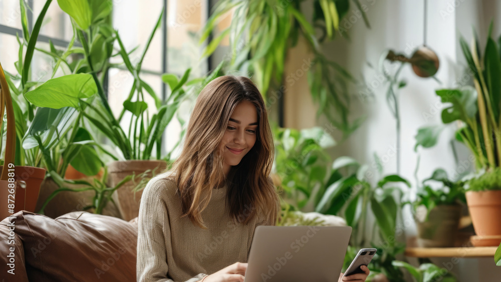 Young woman using laptop and smartphone at home. Cozy home interior with indoor plants. Work from home, remote work, online shopping, e-learning, urban jungle concept. Young woman using laptop and smartphone at home. Cozy home interior with indoor plants. Work from home, remote work, online shopping, e-learning, urban jungle concept.